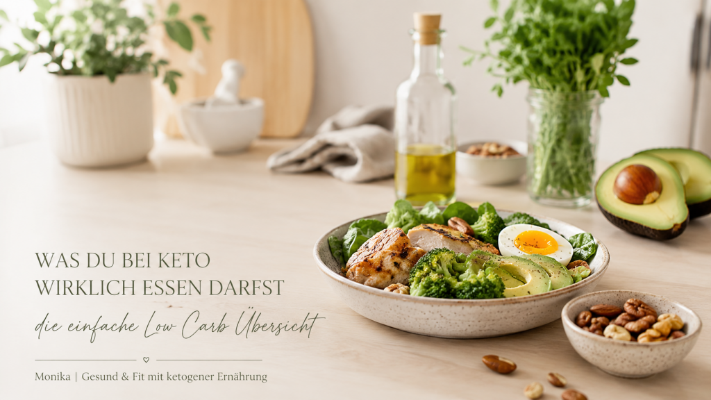 Keto Lebensmittel mit Avocado, Ei, Gemüse und gesunden Fetten für die ketogene Ernährung