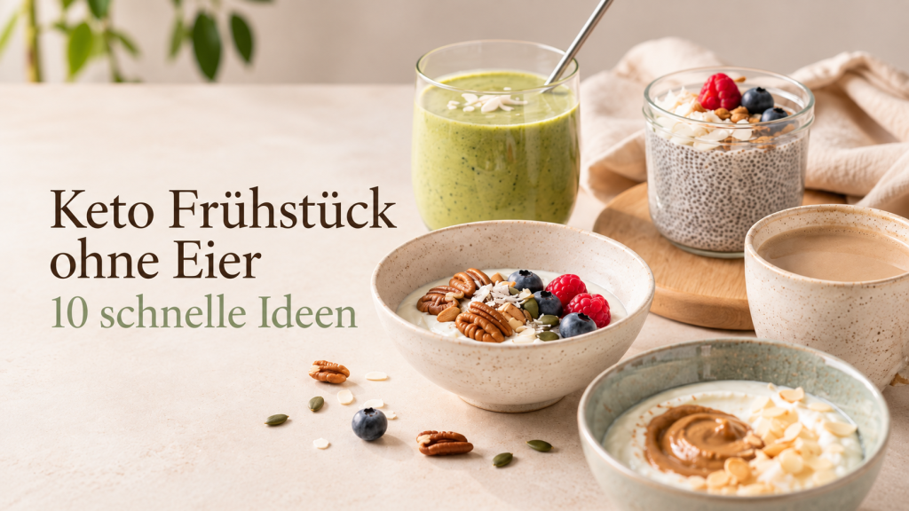 Keto Frühstück ohne Eier mit Joghurt, Nüssen, Beeren, Chia-Pudding und einem grünen Smoothie.
