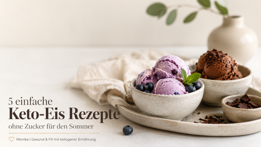 Keto Eis Rezepte mit Heidelbeereis und Schokoladeneis ohne Zucker in Keramikschalen auf hellem Tisch