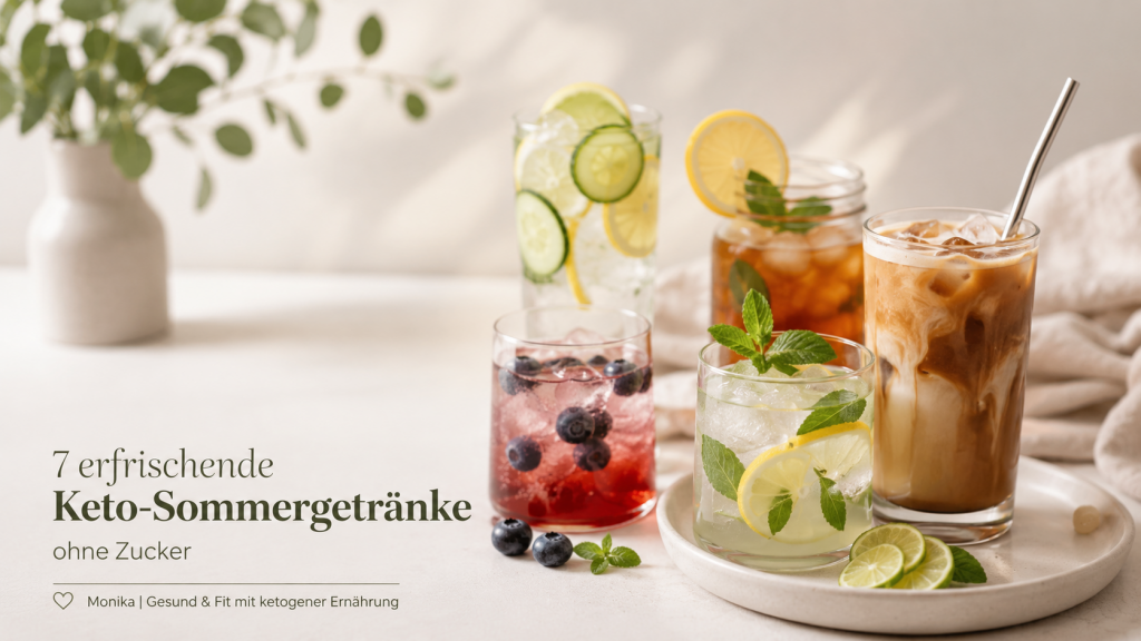 Keto Sommergetränke ohne Zucker mit Eiskaffee, Zitronenwasser und Heidelbeerdrink auf hellem Tisch
