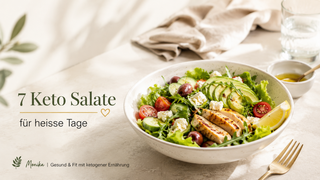 Keto Salate für heisse Tage mit Avocado, Hähnchen, Feta, Gurke und frischem Blattsalat in einer hellen Sommerszene