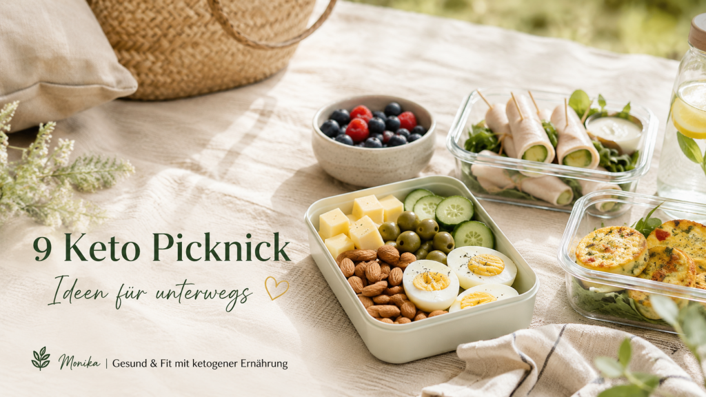 Keto Picknick Ideen mit Käse, Eiern, Nüssen, Oliven und Mealprep-Boxen auf einer sommerlichen Picknickdecke