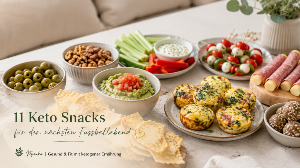 Keto Snacks für den nächsten Fussballabend mit Käsechips, Eier-Muffins, Guacamole, Oliven und Nüssen auf einem hellen Tisch