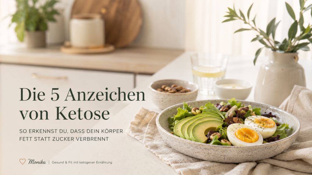 Die 5 Anzeichen von Ketose mit Avocado, Eiern und Salat in einer hellen Keto-Küchenszene