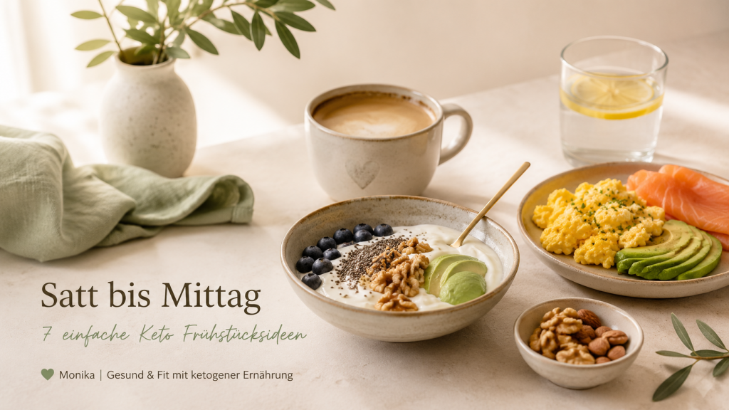 Keto Frühstück mit griechischem Joghurt, Avocado, Nüssen und Kaffee für langanhaltende Sättigung