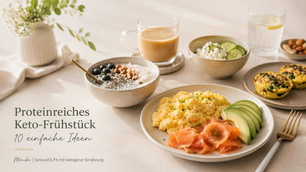 Proteinreiches Keto-Frühstück mit Rührei, Avocado, Räucherlachs, griechischem Joghurt, Chiasamen und Ei-Muffins auf einem hellen Frühstückstisch