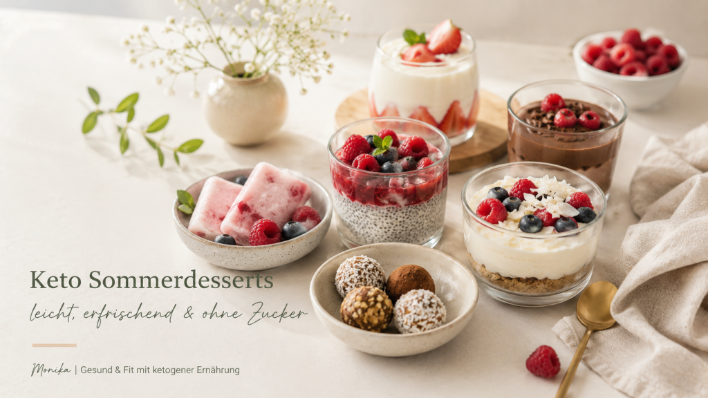 Keto Sommerdesserts mit Chia-Pudding, Beeren, Cheesecake im Glas, Schokoladencreme und Fat Bombs auf einem hellen Sommertisch