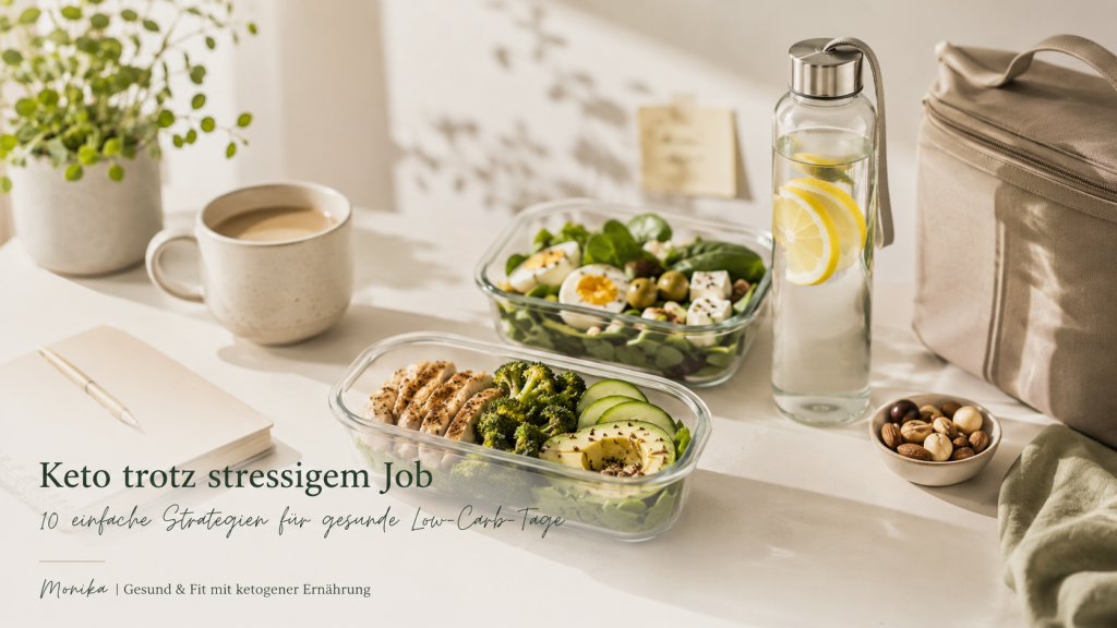 Keto trotz stressigem Job mit vorbereiteten Mealprep-Boxen, Avocado, Poulet, Eiern und gesunden Snacks auf einem hellen Schreibtisch