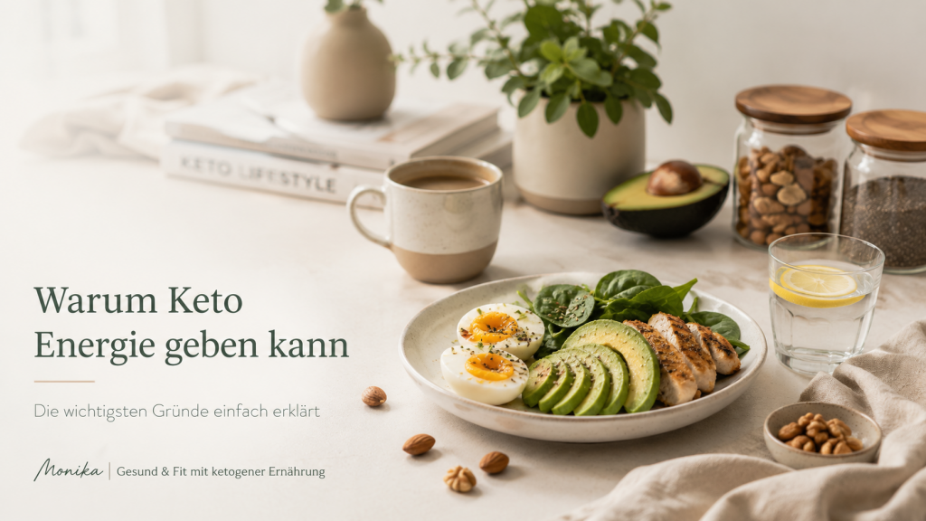 Warum Keto Energie geben kann – Frühstück mit Avocado, Eiern, Poulet, Spinat und gesunden Fetten auf einem hellen Küchentisch