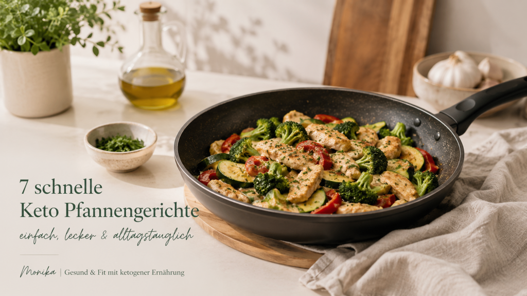 Keto Pfannengerichte mit Poulet, Brokkoli, Zucchetti und Peperoni in einer Edelstahlpfanne – schnelles Low-Carb-Gericht für den Alltag