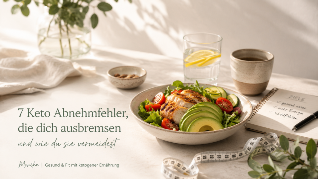 Keto Abnehmfehler mit gesundem Low-Carb-Salat, Avocado, Poulet und Notizbuch auf einem hellen Küchentisch