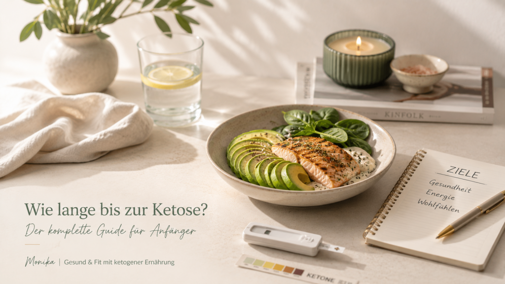 Wie lange bis zur Ketose mit Lachs, Avocado, Blattspinat und Ketontest auf einem hellen Küchentisch