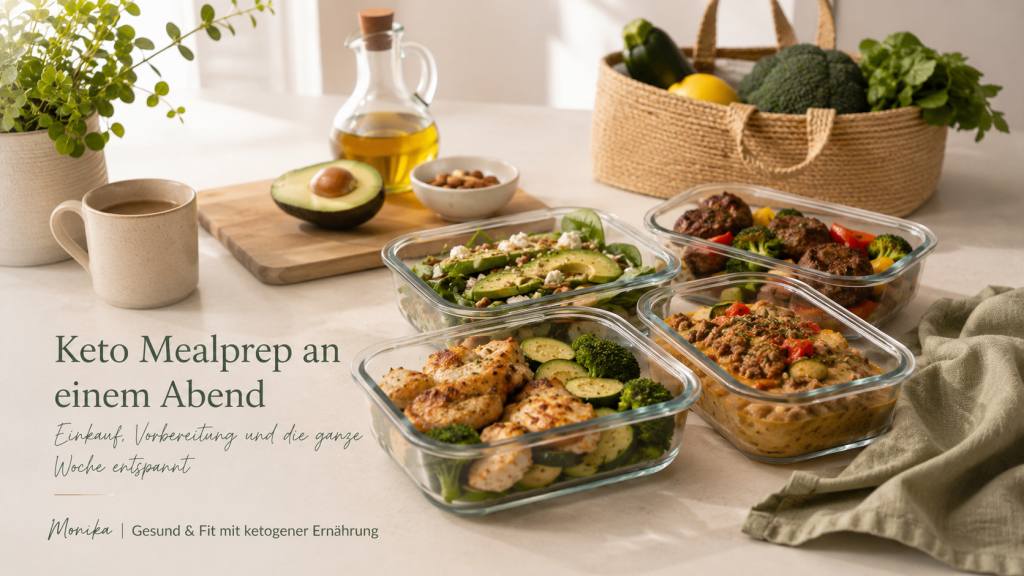 Keto Mealprep an einem Abend mit vorbereiteten Low-Carb-Mahlzeiten in Glasboxen auf einem hellen Küchentisch