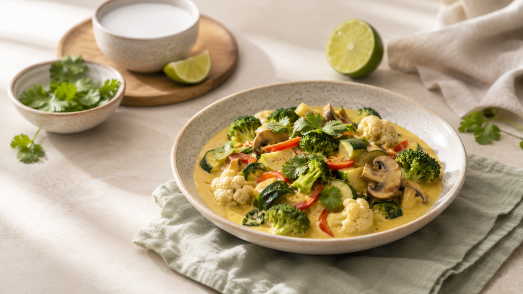 Veganes Keto Curry mit Kokosmilch, Brokkoli, Blumenkohl, Zucchetti und Champignons in einer hellen Schüssel