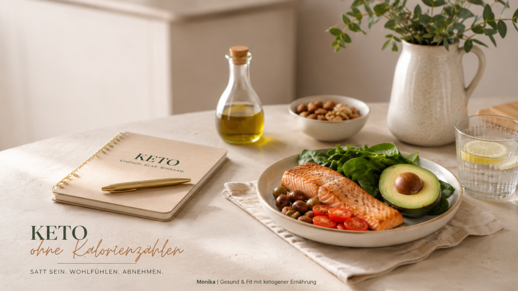 Keto ohne Kalorienzählen mit Lachs, Avocado, Blattspinat und gesunden Fetten auf einem hellen Küchentisch