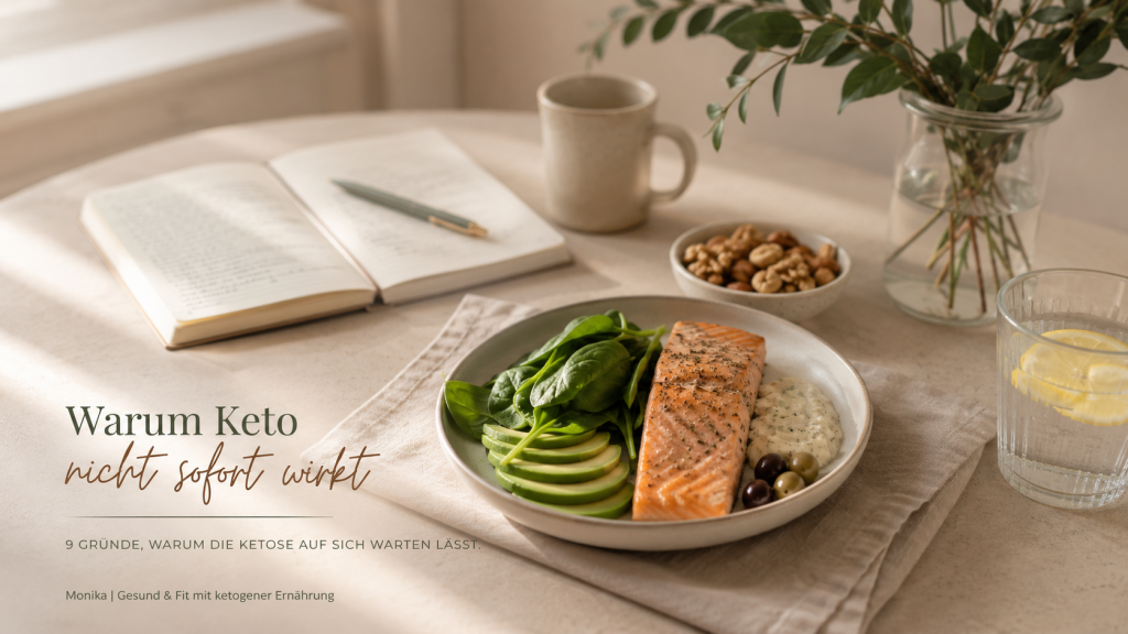 Warum Keto nicht sofort wirkt – Lachs mit Avocado, Blattspinat und gesunden Fetten auf einem hellen Küchentisch