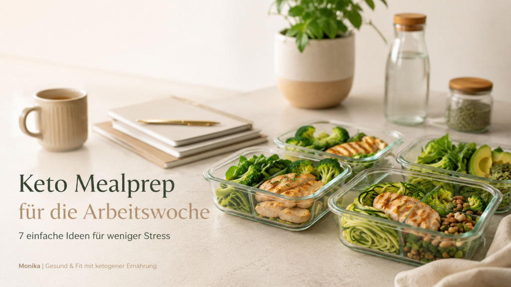 Keto Mealprep für Berufstätige mit vorbereiteten Low-Carb Mahlzeiten in Glasbehältern für die Arbeitswoche