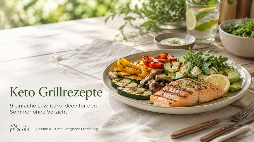 Keto Grillrezepte mit Lachs, Grillgemüse und Avocado in einer hellen sommerlichen Outdoor-Szene
