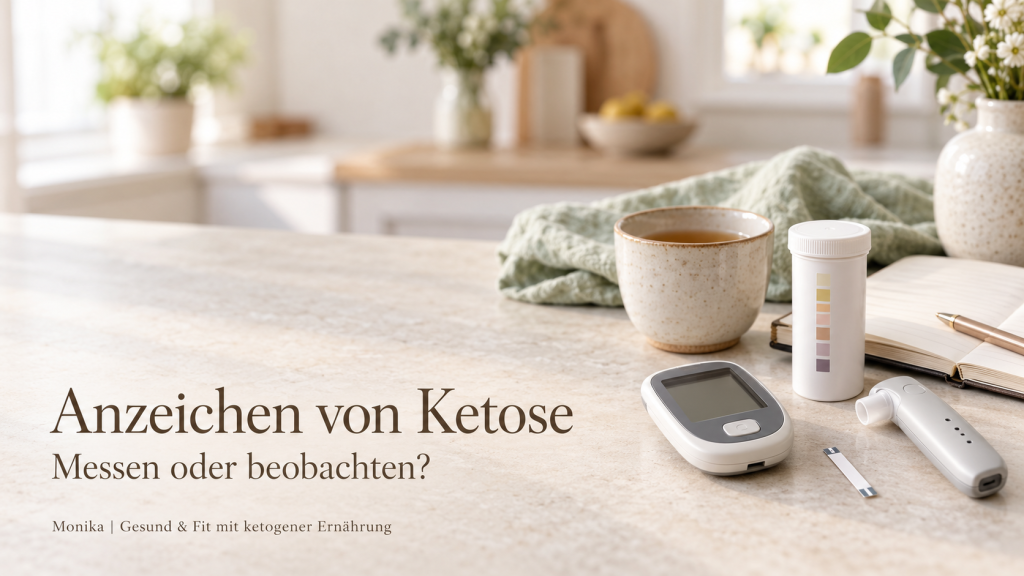 Helles WordPress-Beitragsbild zum Thema Anzeichen von Ketose mit Blutketonmessgerät, Atemtester und Urinteststreifen in einer ruhigen Wellness-Tischszene.