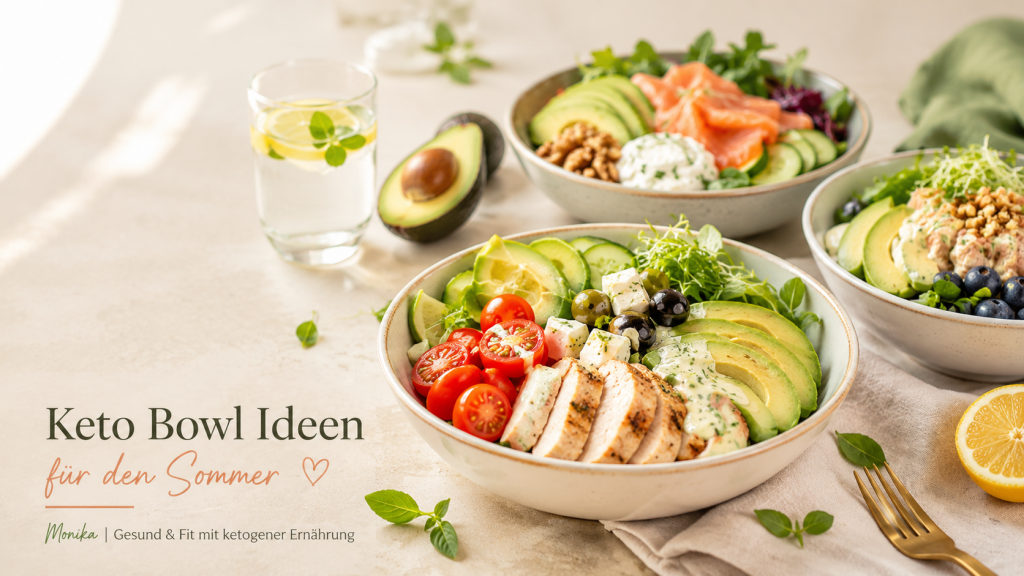 Keto Bowl Ideen für den Sommer mit Avocado, Poulet, Lachs, frischem Gemüse und gesunden Fetten auf hellem Tisch
