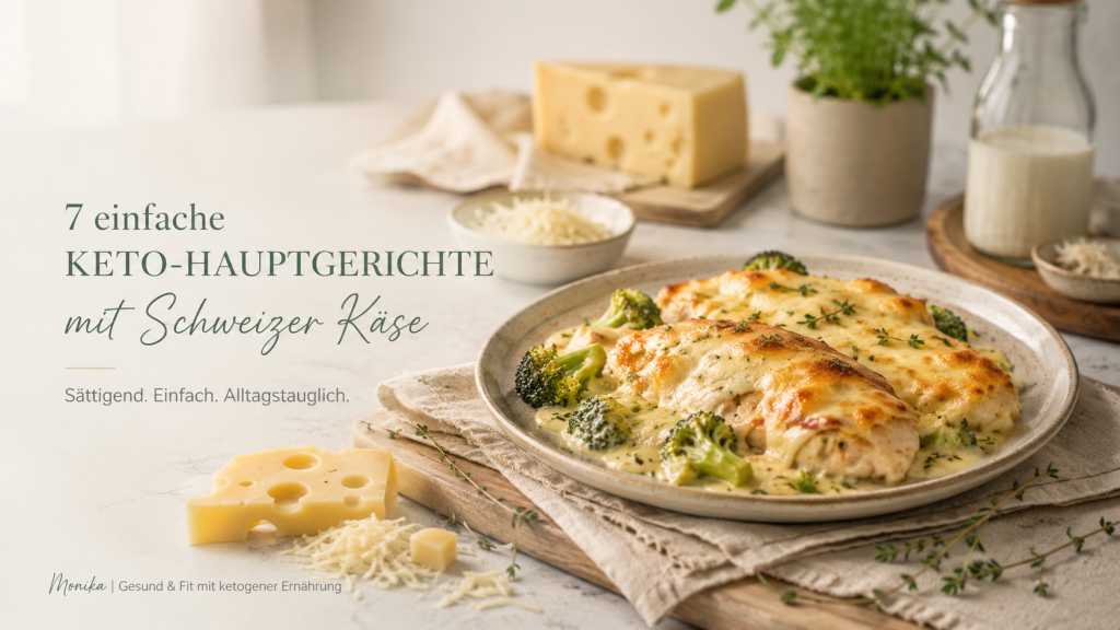 Keto-Hauptgerichte mit Schweizer Käse wie Brokkoli-Gratin und überbackenes Gemüse in einer hellen modernen Küche