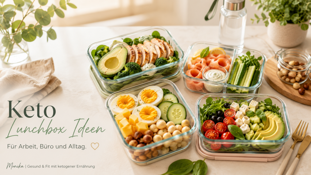 Keto Lunchbox Ideen für Arbeit und Alltag mit Eiern, Käse, Avocado, Gemüse und Mealprep-Boxen auf hellem Küchentisch