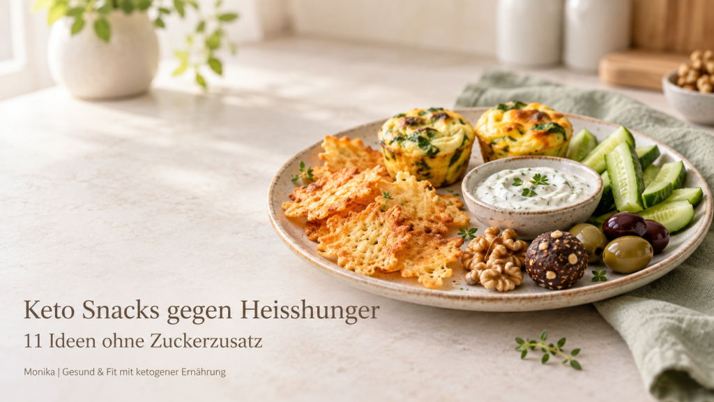 Keto Snacks gegen Heisshunger mit Käsechips, Eier-Muffins, Gurkensticks, Kräuterdip, Oliven, Walnüssen und einem Schoko-Nuss-Häppchen ohne Zuckerzusatz.