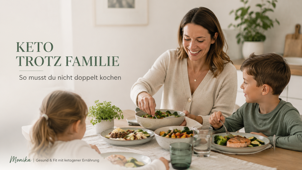 Keto trotz Familie: Gemeinsames Familienessen mit keto-freundlichen Gerichten an einem hellen Esstisch