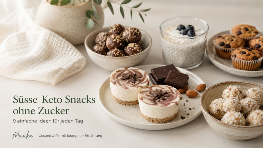 Süsse Keto Snacks ohne Zucker mit Fat Bombs, Keto Muffins und dunkler Schokolade auf einem hellen Tisch