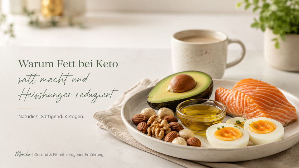 Warum Fett bei Keto satt macht und Heisshunger reduziert: Avocado, Lachs, Eier und gesunde Fette auf einem hellen Tisch