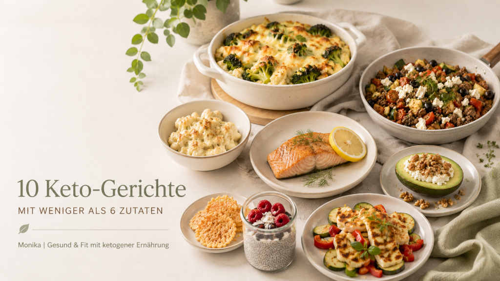 10 Keto-Gerichte mit weniger als 6 Zutaten als übersichtliche Food-Collage mit Brokkoli-Käse-Auflauf, Blumenkohl-Auflauf, mediterraner Hackfleischpfanne, Lachs, Halloumi, Avocado und Chia-Pudding auf einem hellen Tisch. Das moderne Editorial-Bild zeigt einfache ketogene Gerichte mit dezentem Branding „Monika | Gesund & Fit mit ketogener Ernährung“.