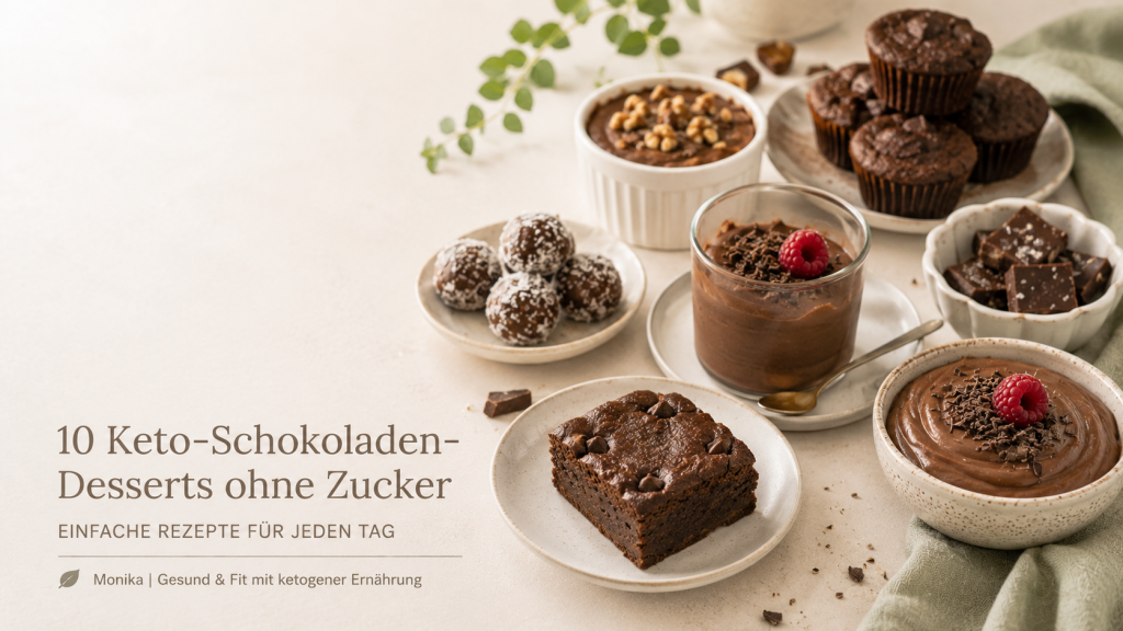 10 Keto-Schokoladen-Desserts ohne Zucker mit Keto-Brownies, Schokoladenmousse, Fat Bombs, Schokoladen-Muffins und Schokoladen-Nuss-Kugeln auf einem hellen Tisch im modernen Editorial-Stil. Das Food-Bild zeigt einfache Low-Carb Desserts mit dezentem Branding „Monika | Gesund & Fit mit ketogener Ernährung“.