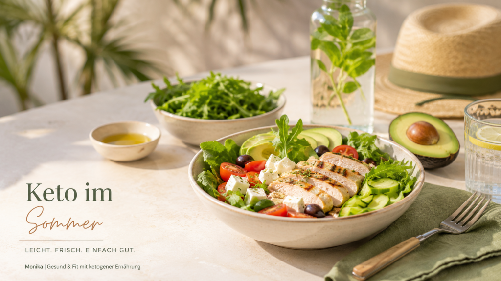 Warum Keto im Sommer leichter fällt als Diäten – frischer Keto-Salat mit Poulet, Avocado, Feta, Gurke und Tomaten auf einem hellen Sommertisch