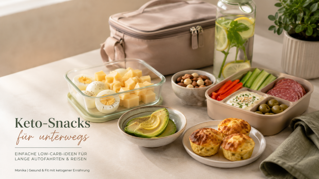 Keto-Snacks für lange Autofahrten mit gekochten Eiern, Käsewürfeln, Avocado, Gemüsesticks, Salami und Mealprep-Box auf einem hellen Küchentisch