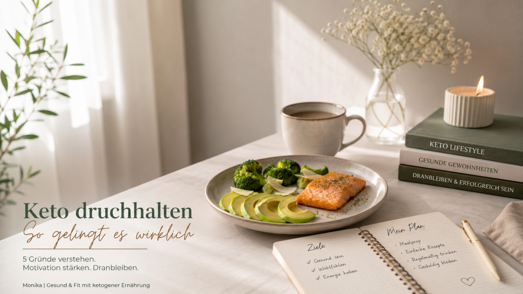 5 Gründe warum Keto abgebrochen wird – gesundes Keto-Gericht mit Avocado, Lachs und Brokkoli auf einem hellen Esstisch