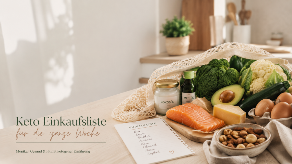 Keto Einkaufsliste mit frischen Keto-Lebensmitteln wie Lachs, Eiern, Brokkoli, Blumenkohl, Avocado, Käse, Nüssen und MCT Öl auf einem hellen Küchentisch