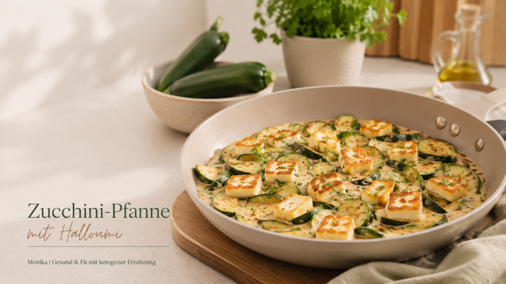 Zucchini-Pfanne mit Halloumi als cremiges Keto-Rezept mit gebratenem Halloumi, frischen Zucchetti und Rahmsauce in einer hellen, modernen Küche