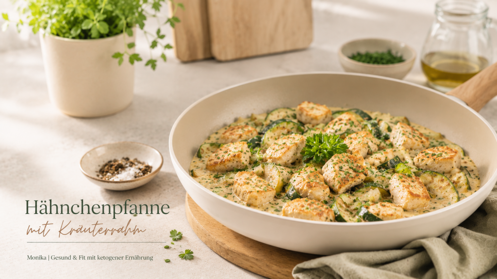 Hähnchenpfanne mit Kräuterrahm als cremiges Keto-Rezept mit saftigem Hähnchen, Zucchetti und frischen Kräutern in heller Editorial-Foodfotografie