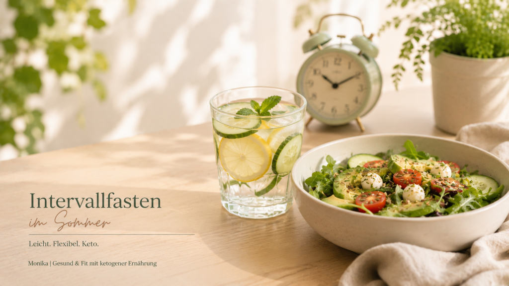 Intervallfasten im Sommer mit erfrischendem Zitronenwasser und leichtem Keto-Salat auf einem hellen Holztisch in ruhiger Editorial-Foodfotografie