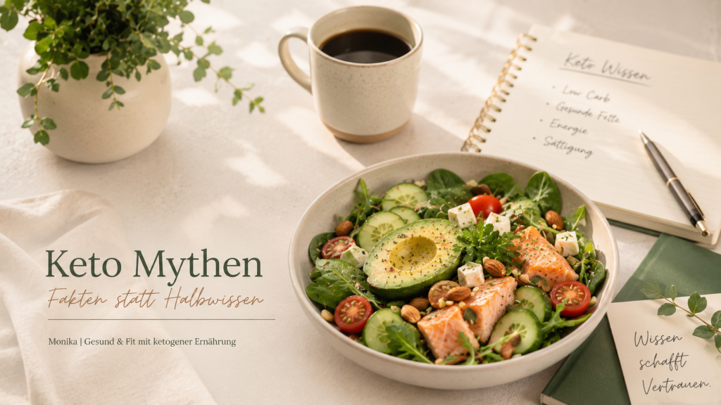 Keto Mythen einfach erklärt mit frischem Keto-Salat, Avocado, Lachs und Kaffee auf einem hellen Tisch in moderner Editorial-Foodfotografie