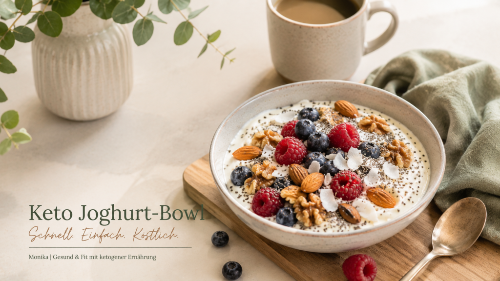 Keto Joghurt-Bowl mit griechischem Joghurt, Himbeeren, Heidelbeeren, Mandeln, Walnüssen und Chiasamen als gesundes Frühstück in heller Editorial-Foodfotografie