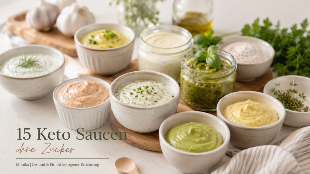 Keto Saucen ohne Zucker in kleinen Schalen und Gläsern mit frischen Kräutern auf hellem Holztablett in moderner Editorial-Foodfotografie