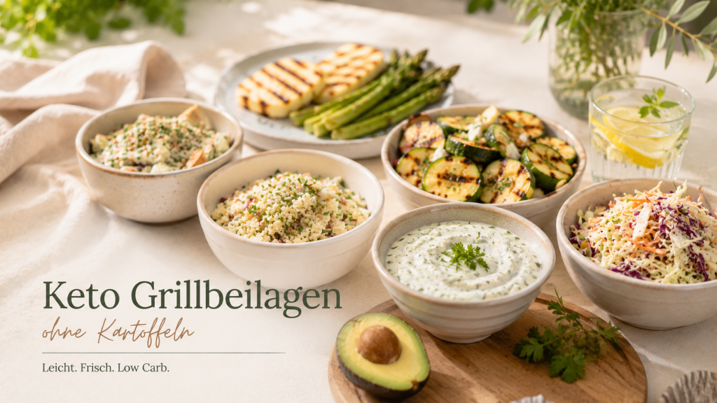 Keto Grillbeilagen ohne Kartoffeln mit Grillgemüse, Blumenkohlsalat, Coleslaw, Kräuterdip und Halloumi in heller Editorial-Foodfotografie