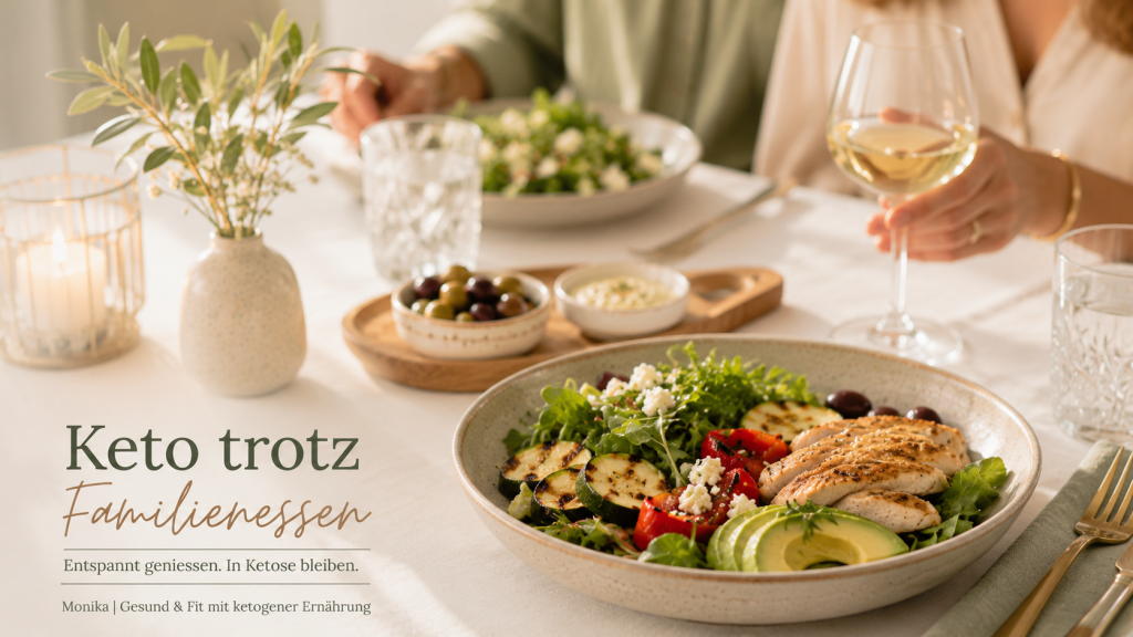 Keto trotz Familienessen mit gegrilltem Poulet, Avocado, Salat und Grillgemüse in einem hellen Restaurant – entspannte Low-Carb-Mahlzeit für Einladungen und Restaurantbesuche.
