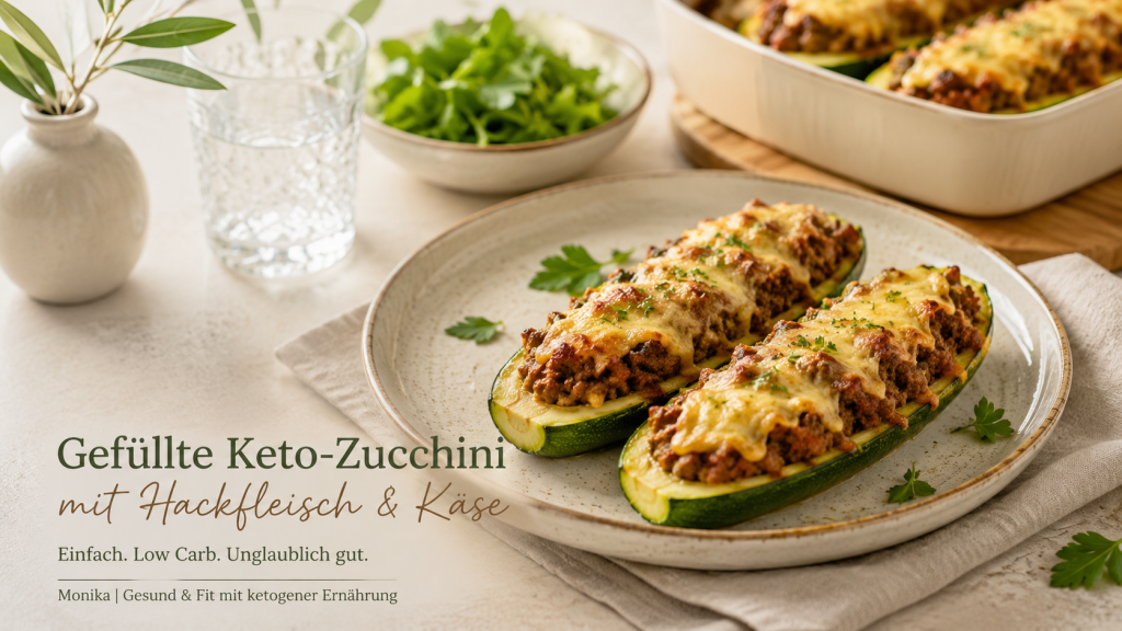 Gefüllte Keto-Zucchini mit Hackfleisch & Käse auf hellem Teller in moderner Editorial-Foodfotografie – einfaches Low-Carb-Rezept für den Alltag