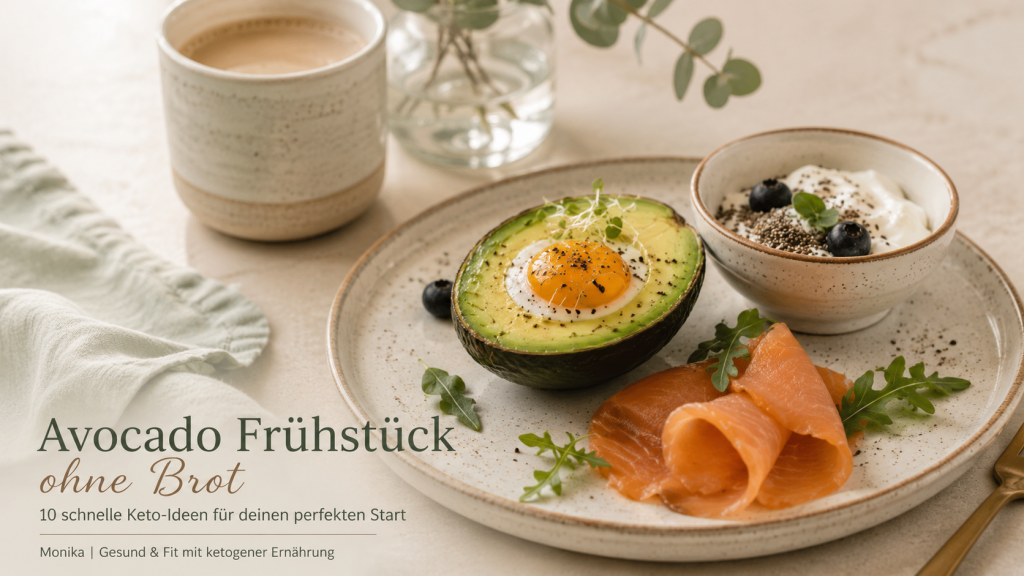 Avocado Frühstück ohne Brot mit Avocado, Ei, griechischem Joghurt, Chiasamen und Räucherlachs auf hellem Teller in moderner Editorial-Foodfotografie