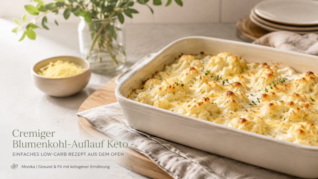 Blumenkohl Auflauf Keto in einer hellen Auflaufform mit goldbraun überbackenem Käse auf einem Holzbrett in einer modernen Küche. Cremiges Low-Carb Ofengericht für die ketogene Ernährung.