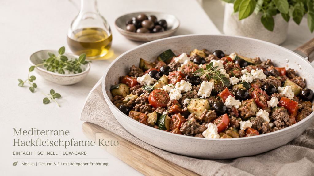 Mediterrane Hackfleischpfanne Keto mit Rinderhackfleisch, Feta, Zucchini, Peperoni, Cherrytomaten und schwarzen Oliven in einer hellen Pfanne. Das mediterrane Low-Carb Gericht ist auf einem Holzbrett in einer modernen, lichtdurchfluteten Küche angerichtet und trägt dezent das Branding „Monika | Gesund & Fit mit ketogener Ernährung“.