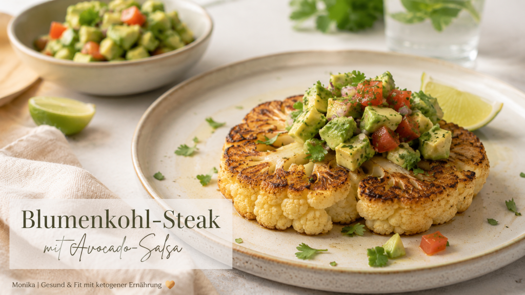 Blumenkohl-Steak mit Avocado-Salsa auf einem Teller – einfaches Keto- und Low-Carb-Rezept mit geröstetem Blumenkohl und frischer Avocado-Salsa.