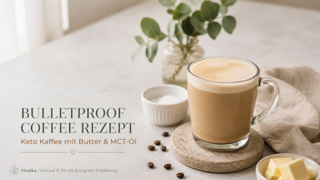 Bulletproof Coffee Rezept: Cremiger Keto Kaffee mit Butter und MCT-Öl in einer Glastasse auf einem hellen Holztisch. Das moderne Food-Blogbild zeigt einen frisch zubereiteten Bulletproof Coffee in ruhiger, natürlicher Atmosphäre – ideal für ketogene Ernährung und Intervallfasten.
